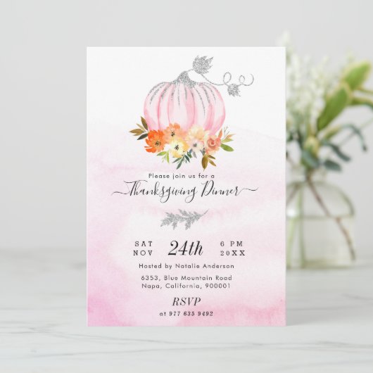 Luxekroze en Silver Pumpkin Thanksgiving Dinner Kaart (Staand voorkant)