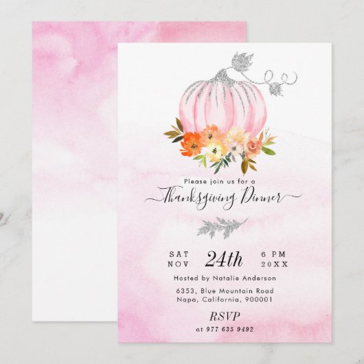 Luxekroze en Silver Pumpkin Thanksgiving Dinner Kaart (Voorkant / Achterkant)