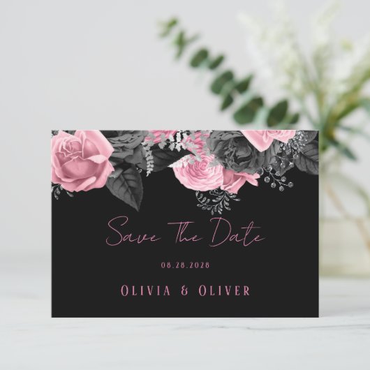 Luxekroze en zwarte Floral Inking Wedding Save T Save The Date (Staand voorkant)
