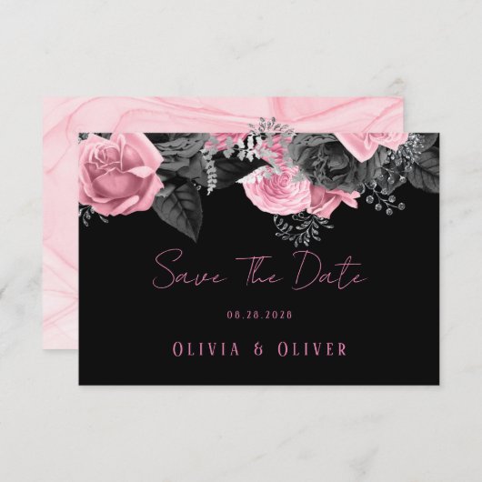 Luxekroze en zwarte Floral Inking Wedding Save T Save The Date (Voorkant / Achterkant)