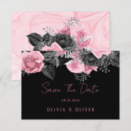 Luxekroze en zwarte Floral Inking Wedding Save T The Date