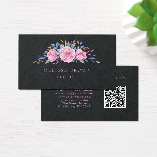 Luxekroze Floral Moderne QR-code voor Waterverf Visitekaartje (Bureau)
