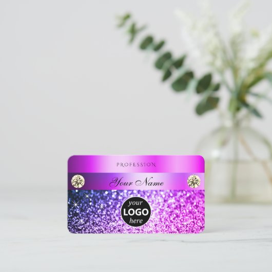 Luxekroze Paarse glitter met diamanten en Logo Visitekaartje (Staand voorkant)