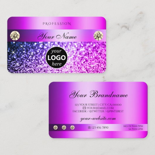 Luxekroze Paarse glitter met diamanten en Logo Visitekaartje (Voorkant / Achterkant)
