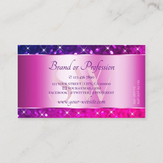 Luxekroze Paarse gradiënt Glitter Stars Initialen Visitekaartje (Achterkant)