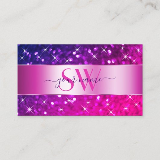 Luxekroze Paarse gradiënt Glitter Stars Initialen Visitekaartje (Voorkant)