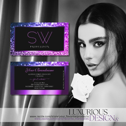 Luxekroze Paarse Ombre Sparkle Glitter Monogram Visitekaartje