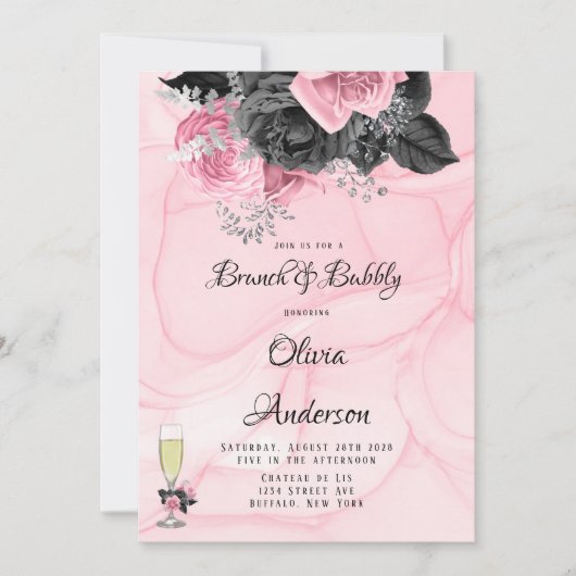 Luxekroze zwarte flora inktBrunch en breekbaar Kaart (Voorkant)