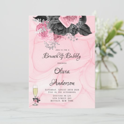 Luxekroze zwarte flora inktBrunch en breekbaar Kaart (Staand voorkant)