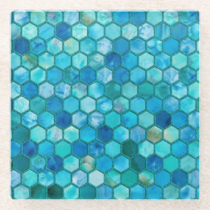 Luxemetalen Folie Glitter Aqua blue honingraat Glazen Onderzetter