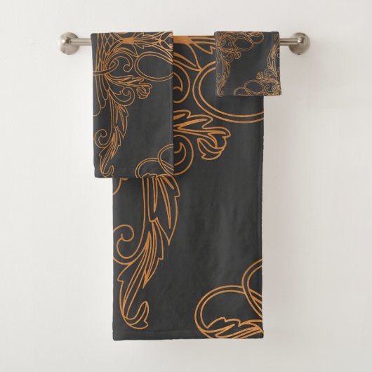 Luxeontwerp, floreel patroon, donkergrijs, koper bad handdoek (Insitu)