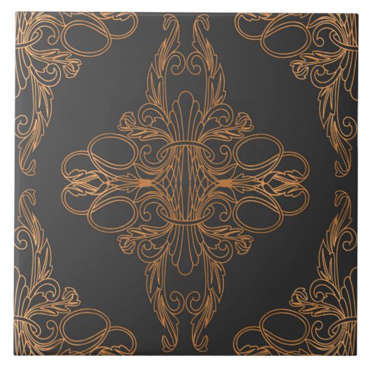 Luxeontwerp, floreel patroon, donkergrijs, koper tegeltje (Voorkant)