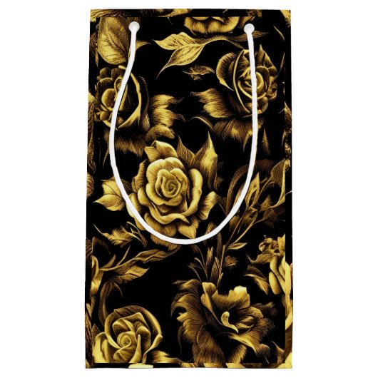 luxeontwerp met gouden rozen op een zwarte klein cadeauzakje (Voorkant)