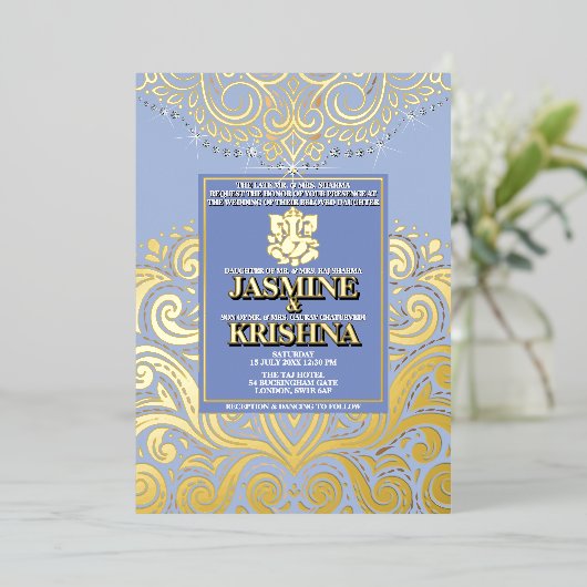 LuxGlitter Blauw Goud Ganesha Hindoe bruiloft Folie Uitnodiging (Staand Voorkant)