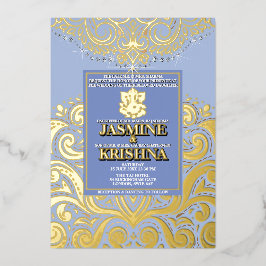 LuxGlitter Blauw Goud Ganesha Hindoe Huwelijk Folie Uitnodiging