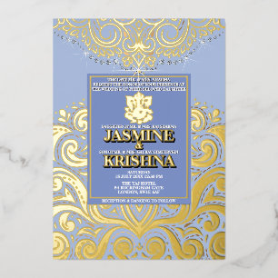 LuxGlitter Blauw Goud Ganesha Hindoe Huwelijk Folie Uitnodiging
