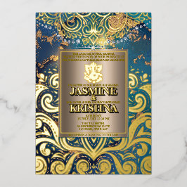LuxGlitter Blauw Goud Hindoe Ganesha Indiase bruil Folie Uitnodiging
