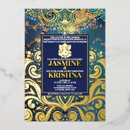 LuxGlitter Blauw Goud Hindoe Ganesha Indiase bruil Folie Uitnodiging