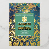 LuxGlitter Blauw Goud Hindoe Ganesha Indiase bruil Folie Uitnodiging (Voorkant)