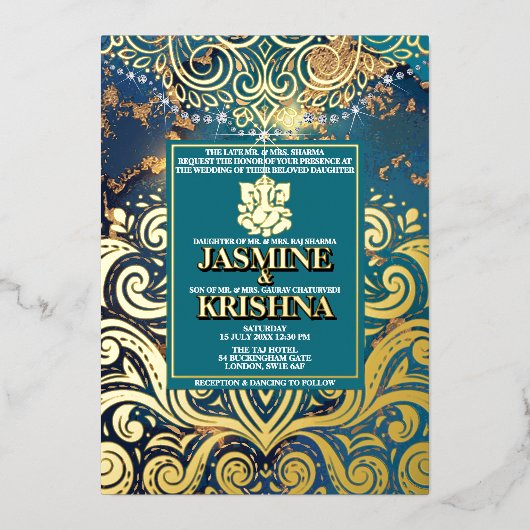 LuxGlitter Blauw Goud Hindoe Ganesha Indiase bruil Folie Uitnodiging (Voorkant)