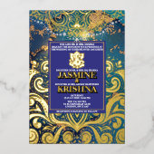 LuxGlitter Blauw Goud Hindoe Ganesha Indiase bruil Folie Uitnodiging (Voorkant)