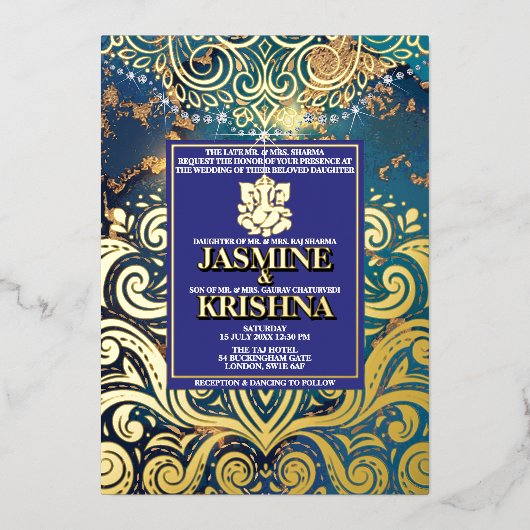 LuxGlitter Blauw Goud Hindoe Ganesha Indiase bruil Folie Uitnodiging (Voorkant)