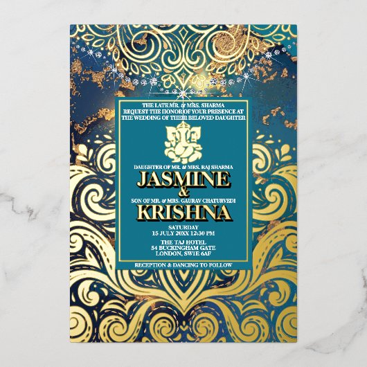 LuxGlitter Blauw Goud Hindoe Ganesha Indiase bruil Folie Uitnodiging (Voorkant)