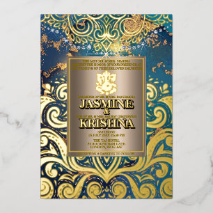 LuxGlitter Blauw Goud Hindoe Ganesha Indiase Trouw Folie Uitnodiging