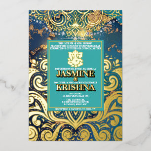 LuxGlitter Blauw Goud Hindoe Ganesha Indiase Trouw Folie Uitnodiging