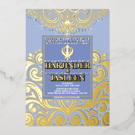LuxGlitter Blauw Goud Sikh Anand Karaj Wedding Folie Uitnodiging