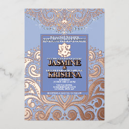LuxGlitter Blauw Roze Goud Ganesha Hindoe bruiloft Folie Uitnodiging