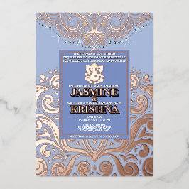 LuxGlitter Blauw RozeGoud Ganesha Hindoe Huwelijk Folie Uitnodiging
