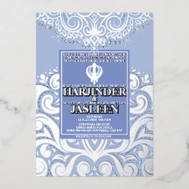 LuxGlitter Blauw Zilver Sikh Anand Karaj Wedding Folie Uitnodiging