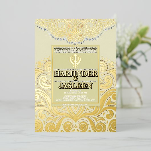 LuxGlitter Ivoren Gouden Sikh Anand Karaj Trouwen Folie Uitnodiging (Staand Voorkant)