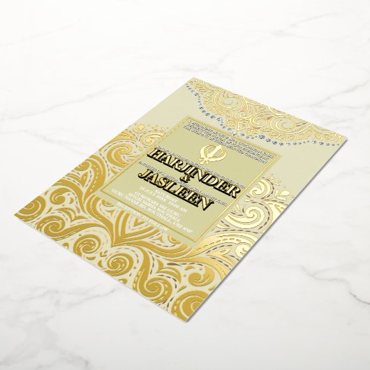 LuxGlitter Ivoren Gouden Sikh Anand Karaj Trouwen Folie Uitnodiging (Gedraaid)