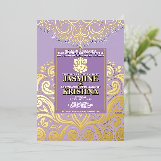 LuxGlitter Lavendel Goud Ganesha Hindoe bruiloft Folie Uitnodiging (Staand Voorkant)