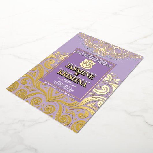 LuxGlitter Lavendel Goud Ganesha Hindoe bruiloft Folie Uitnodiging (Gedraaid)