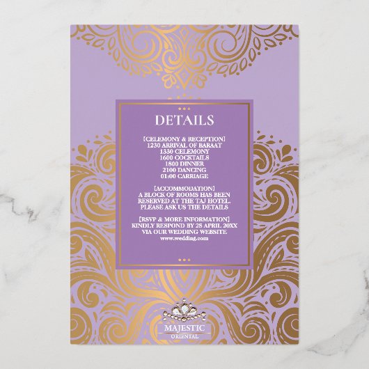 LuxGlitter Lavendel Goud Ganesha Hindoe bruiloft Folie Uitnodiging (Achterkant)