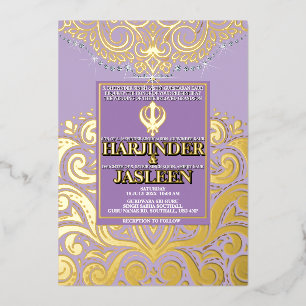 LuxGlitter Lavendel Gouden Sikh Anand Karaj Bruilo Folie Uitnodiging