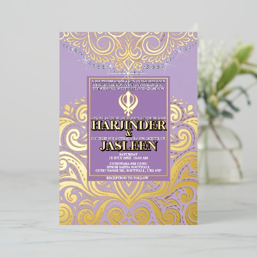 LuxGlitter Lavendel Gouden Sikh Anand Karaj Trouwe Folie Uitnodiging (Staand Voorkant)