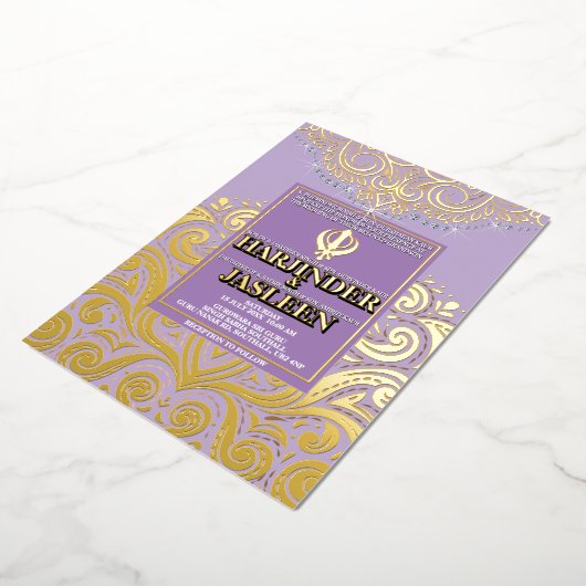 LuxGlitter Lavendel Gouden Sikh Anand Karaj Trouwe Folie Uitnodiging (Gedraaid)
