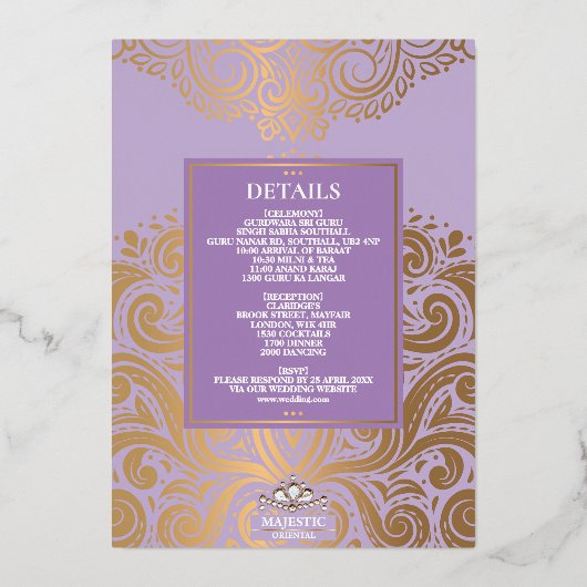LuxGlitter Lavendel Gouden Sikh Anand Karaj Trouwe Folie Uitnodiging (Achterkant)
