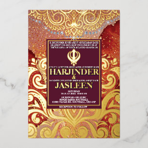 LuxGlitter Maroon Red Sikh Anand Karaj Wedding Folie Uitnodiging