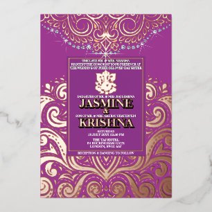 LuxGlitter Paars RozeGoud Ganesha Hindoe Huwelijk Folie Uitnodiging