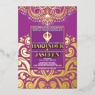 LuxGlitter Paarse Gouden Sikh Anand Karaj Wedding Folie Uitnodiging