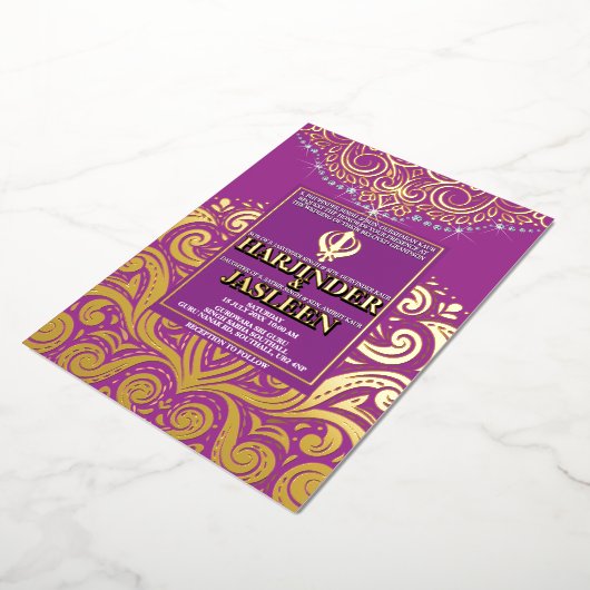 LuxGlitter Paarse Gouden Sikh Anand Karaj Wedding Folie Uitnodiging (Gedraaid)