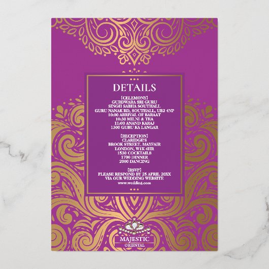 LuxGlitter Paarse Gouden Sikh Anand Karaj Wedding Folie Uitnodiging (Achterkant)