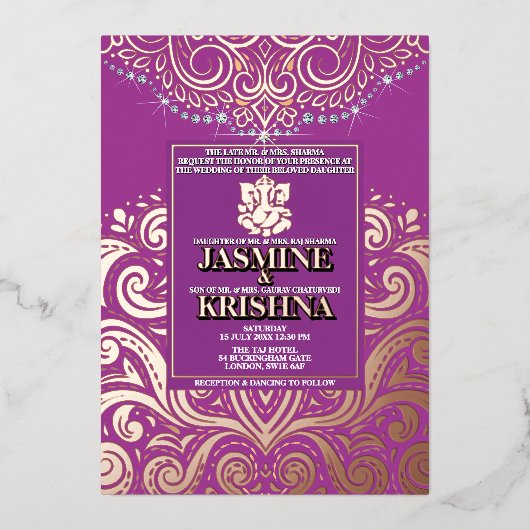 LuxGlitter Paarse RozeGoud Ganesha Hindoe bruiloft Folie Uitnodiging (Voorkant)