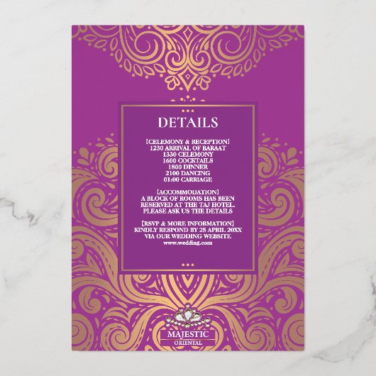 LuxGlitter Paarse RozeGoud Ganesha Hindoe bruiloft Folie Uitnodiging (Achterkant)