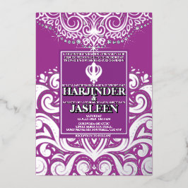 LuxGlitter Paarse Zilveren Sikh Anand Karaj Weddin Folie Uitnodiging